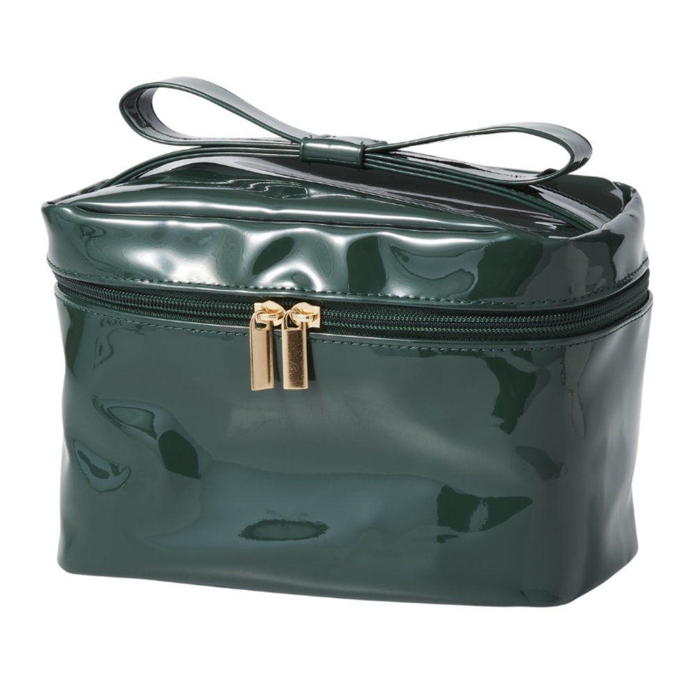 Green Faux Patent Leather Zip Top Makeup Case with Bow